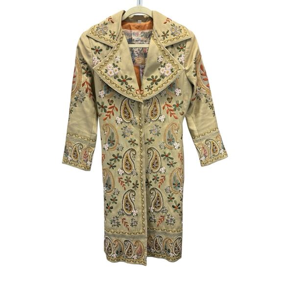 Biya Johnny Was 100% Silk Embroidered Western Boho Duster Coat Beige XS - Picture 5 of 16